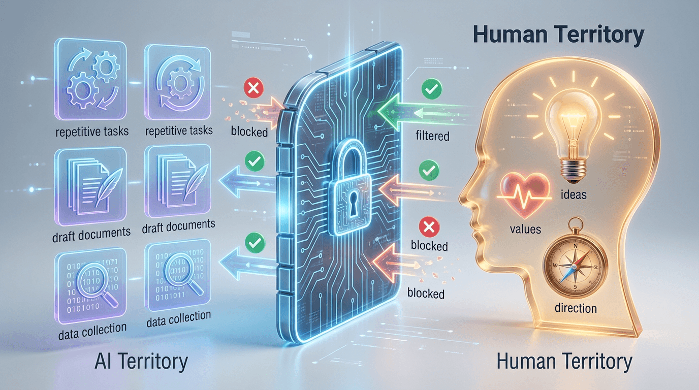 중앙에 방화벽(firewall) 아이콘이 있고, 왼쪽에는 "AI 영역" (반복 작업, 초안, 정보수집 등의 아이콘들), 오른쪽에는 "내 영역" (사람 머리 속에 전구/심장/나침반 아이콘). 방화벽에는 양방향 화살표가 있지만 선택적 필터링을 나타내는 체크/X 표시