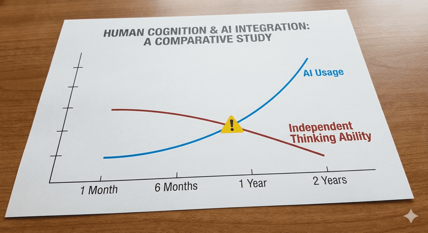 2개의 타임라인 그래프 - 위: "AI 사용량" 급격히 상승하는 곡선 (밝은 파란색). 아래: "독립적 사고 능력" 서서히 하강하는 곡선 (어두운 빨간색). 두 그래프가 교차하는 지점에 경고 아이콘. X축: 시간 (1개월, 6개월, 1년, 2년)