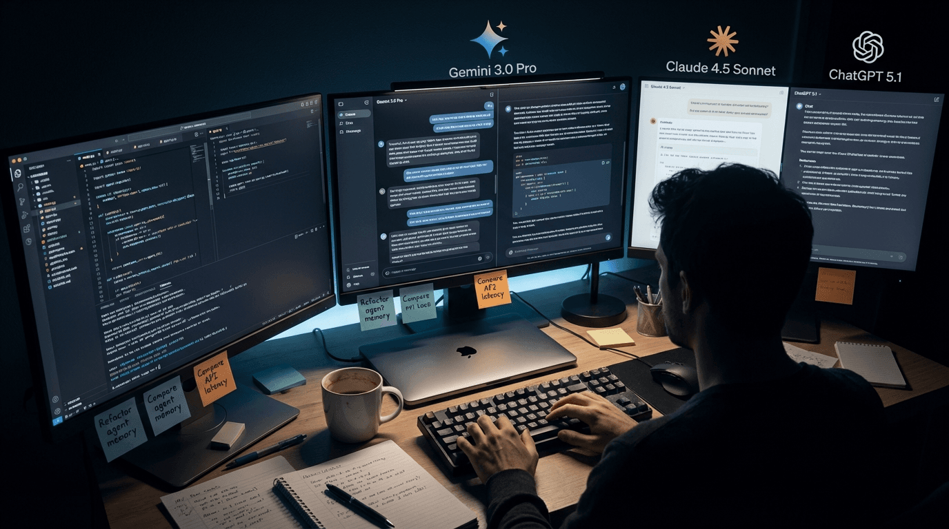 3개의 모니터에 각각 다른 AI 챗봇 인터페이스가 열려있고, 중앙 모니터에는 코드 에디터가 실행 중인 개발자 책상 위 장면 - 따뜻한 책상 조명, 커피잔, 기계식 키보드가 보이는 현실적인 작업 환경