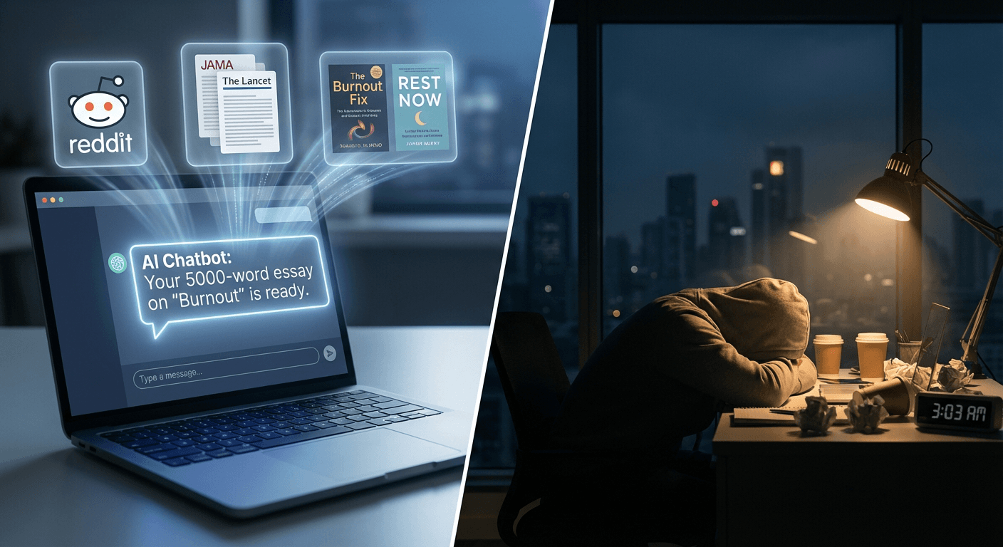 스플릿 스크린 - 왼쪽: AI 챗봇이 "번아웃에 대한 완벽한 5000자 에세이"를 출력하고 있음 (화면엔 Reddit posts + 의학 논문 + 자기계발서 아이콘들이 조합되는 모습). 오른쪽: 새벽 3시 빈 사무실, 한 사람이 책상에 엎드려 있고 창밖은 어두움