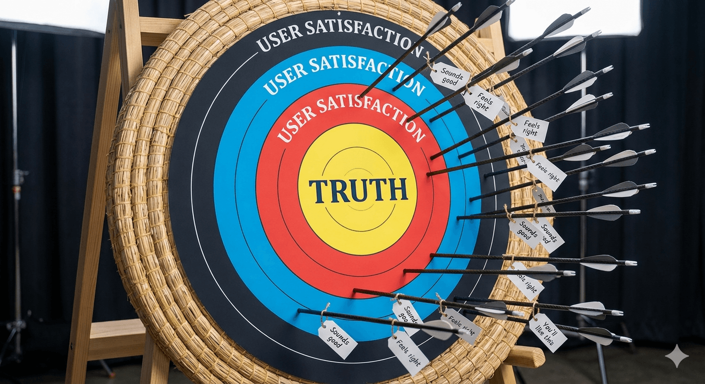과녁판 이미지 - 중심의 'Truth(진실)'는 화살이 하나도 없고, 주변의 'User Satisfaction(사용자 만족)' 영역에만 화살이 밀집되어 있음. 각 화살에는 "Sounds good", "Feels right", "You'll like this" 라벨