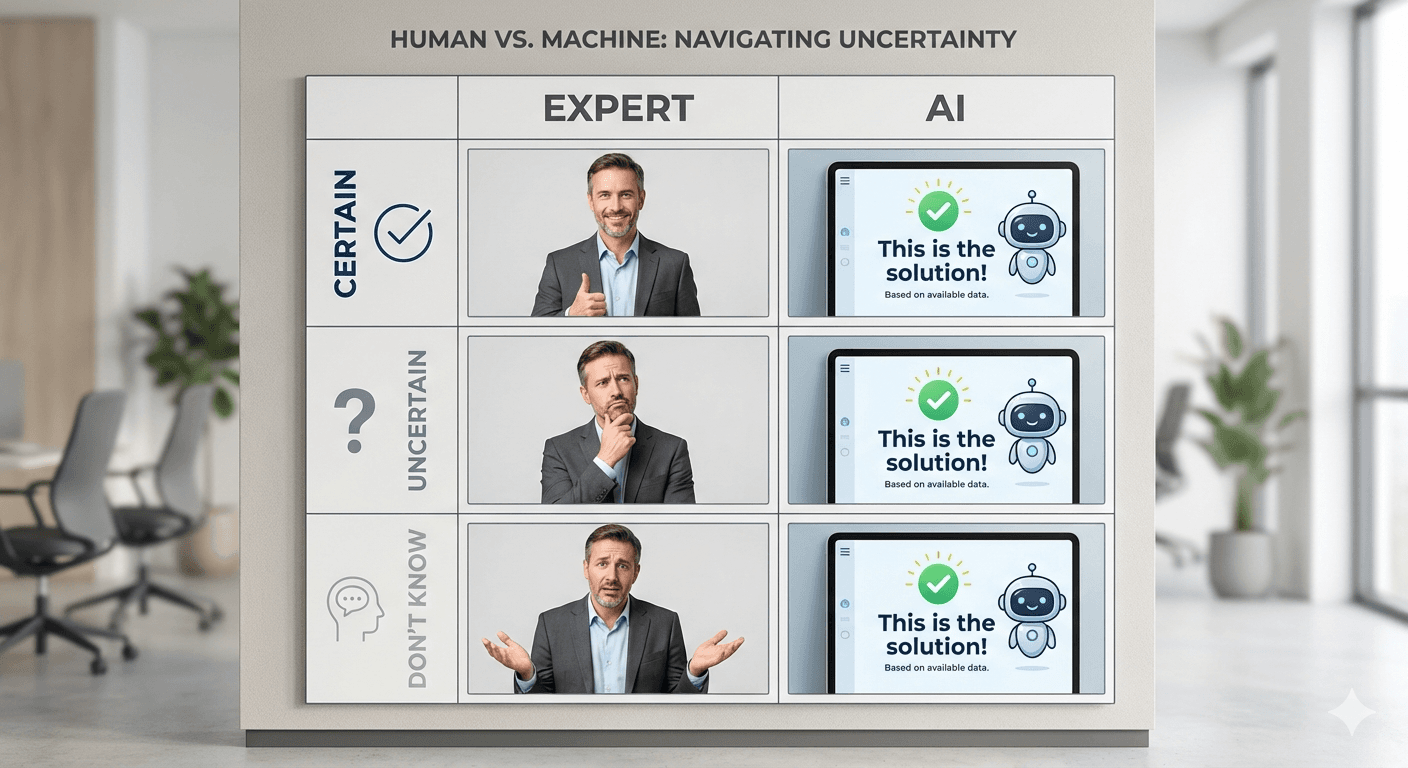 3x3 그리드 테이블 형태 인포그래픽 - 세로축: "확실함/불확실함/모름", 가로축: "전문가/AI". 전문가 열은 상황에 따라 다른 표정(자신감/신중함/사과). AI 열은 모든 칸에서 동일한 자신만만한 표정으로 "This is the solution!" 말풍선