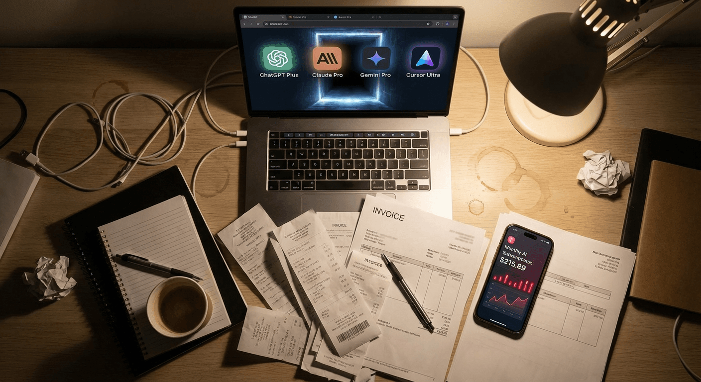 AI 구독 대시보드가 열린 노트북 아래로 종이 영수증이 끝없이 쏟아져 내려, 보이지 않는 비용 부담을 상징하는 듯 쌓여 있는 책상 모습. 옆에 스마트폰 청구 화면과 커피 머그가 놓여 있다.