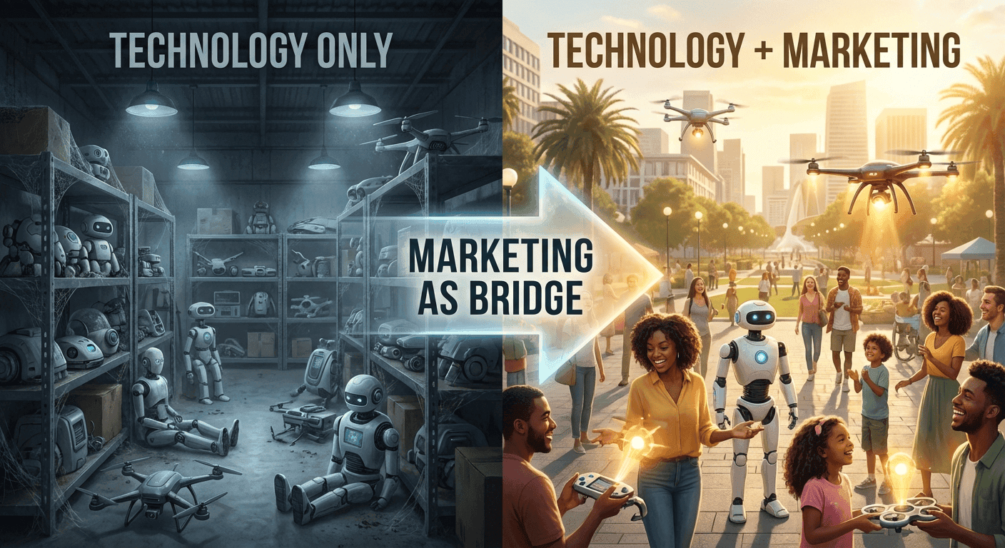 좌측에는 '기술만 있는 세계': 훌륭한 제품들이 어두운 창고에 먼지 쌓인 채 방치된 모습. 우측에는 '기술+마케팅의 세계': 같은 제품들이 조명을 받으며 사람들 손에 들려 있고, 세상을 밝히는 모습. 중앙에 화살표와 함께 'Marketing as Bridge(마케팅은 다리)'라는 텍스트.