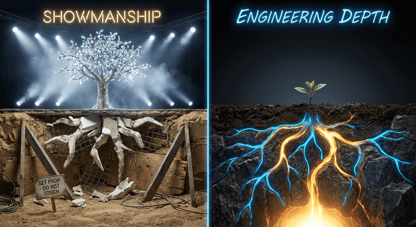 '쇼맨십'과 '엔지니어링 내공'을 극적으로 대비하는 분할 단면 사진. 왼쪽 '쇼맨십' 진영은 지상에 거대하고 화려한 나무가 인위적인 조명을 받고 있지만, 지하 단면을 보면 스티로폼과 합판으로 대충 만든 가짜 무대 소품임이 드러난다. 반면 오른쪽 '엔지니어링 내공' 진영은 지상에 작은 새싹 하나뿐이지만, 지하로는 용암처럼 푸르고 붉게 빛나는 거대한 에너지 뿌리가 단단한 암반을 녹이며 지구 깊숙이 박혀 있는 압도적이고 파워풀한 모습을 보여준다.