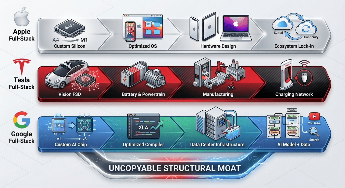 수직 계열화의 3가지 공식 비교 인포그래픽. 상단: 애플(Silicon-OS-Ecosystem), 중단: 테슬라(Vision-Battery-Supercharger), 하단: 구글(TPU-Compiler-DataCenter-Model). 세 타임라인 모두 '복제 불가능한 구조적 해자'로 수렴됨.