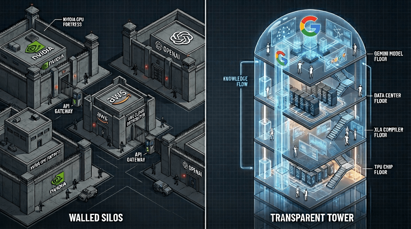 좌측의 막힌 사일로 구조(NVIDIA, AWS, OpenAI가 분리됨)와 우측의 투명한 타워 구조(구글의 TPU부터 모델까지 모든 층이 연결됨)를 대비한 건축 단면도 스타일 일러스트.